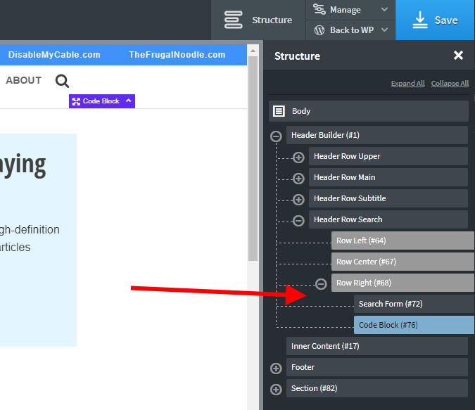 Header structure showing Search Form and Code Block below it