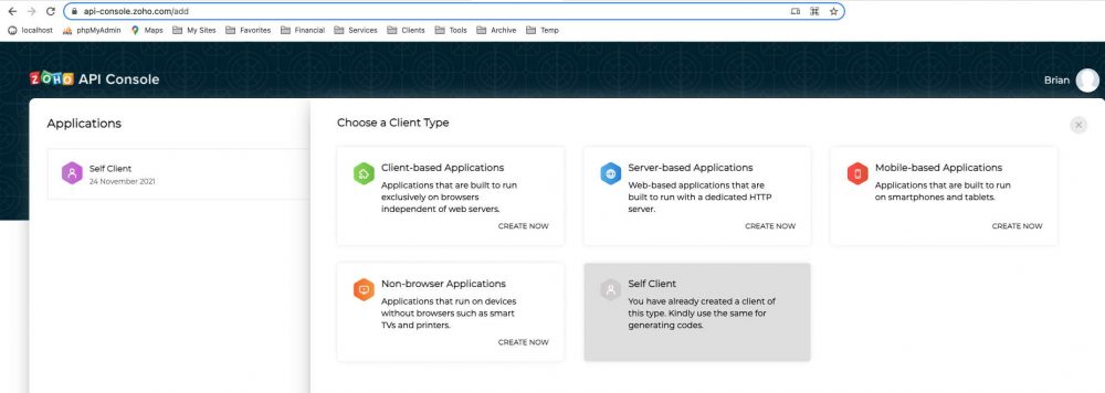 Zoho API console screenshot
