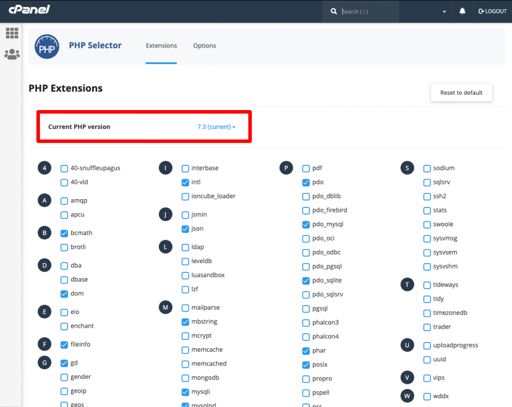 PHP version pulldown