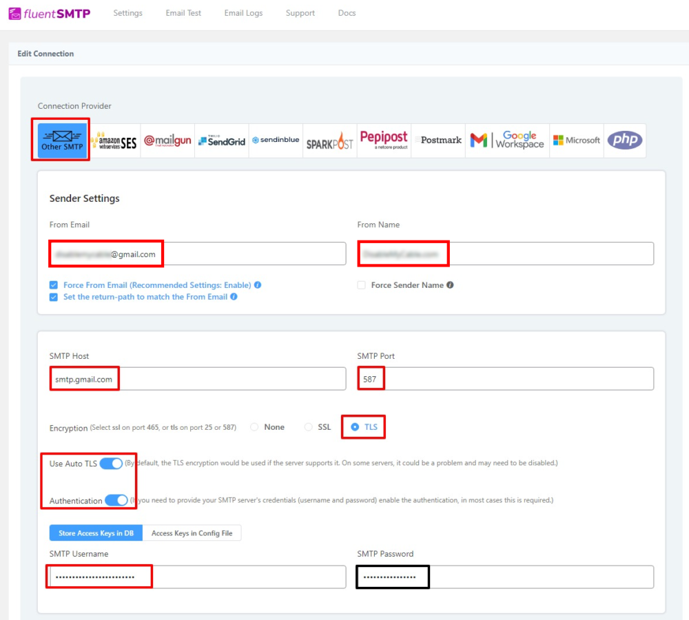 Fluent SMTP gmail settings
