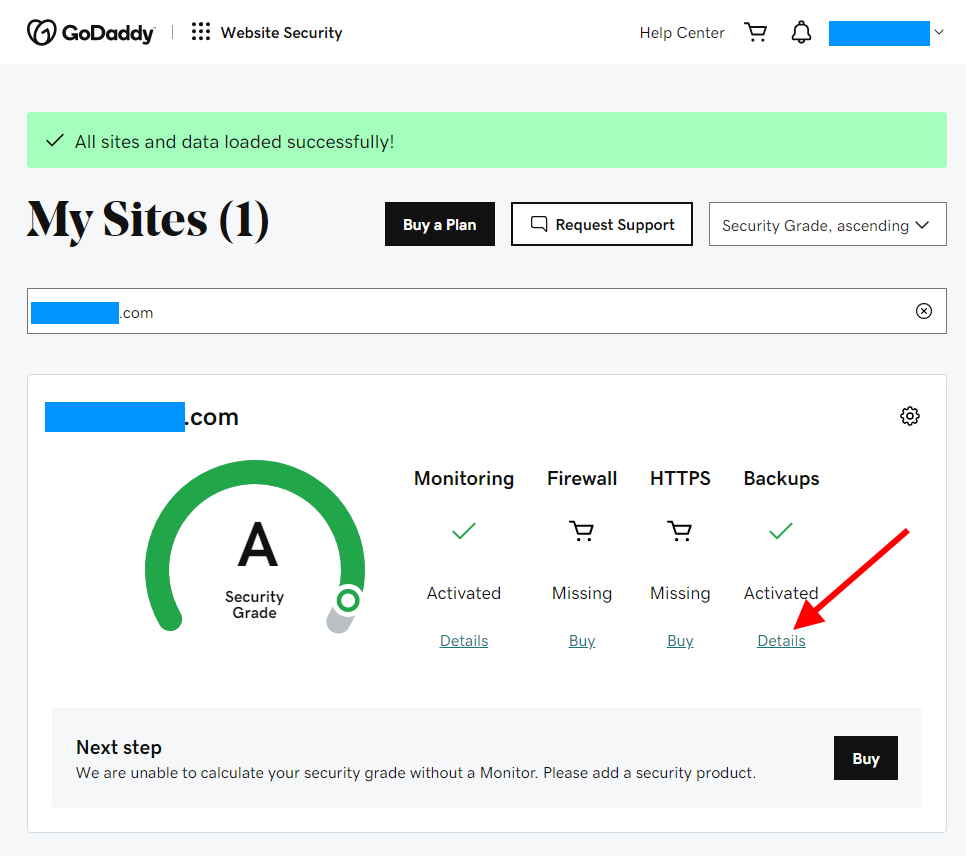 GoDaddy's essential backup service screenshot