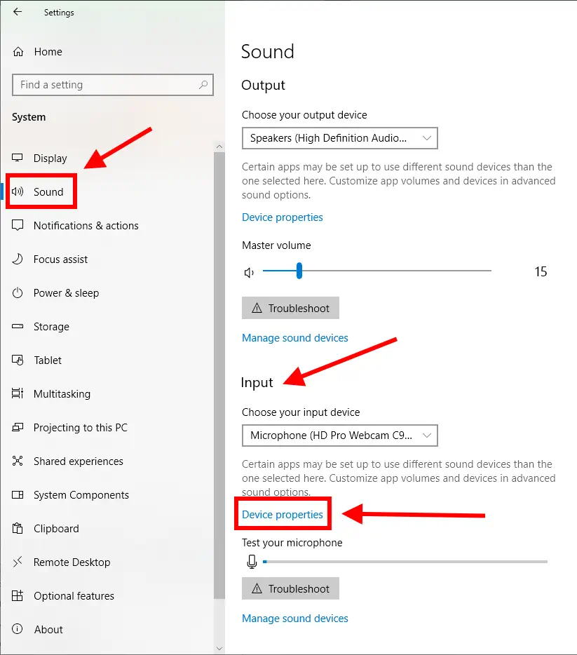 Sound settings in Windows 10 showing Input
