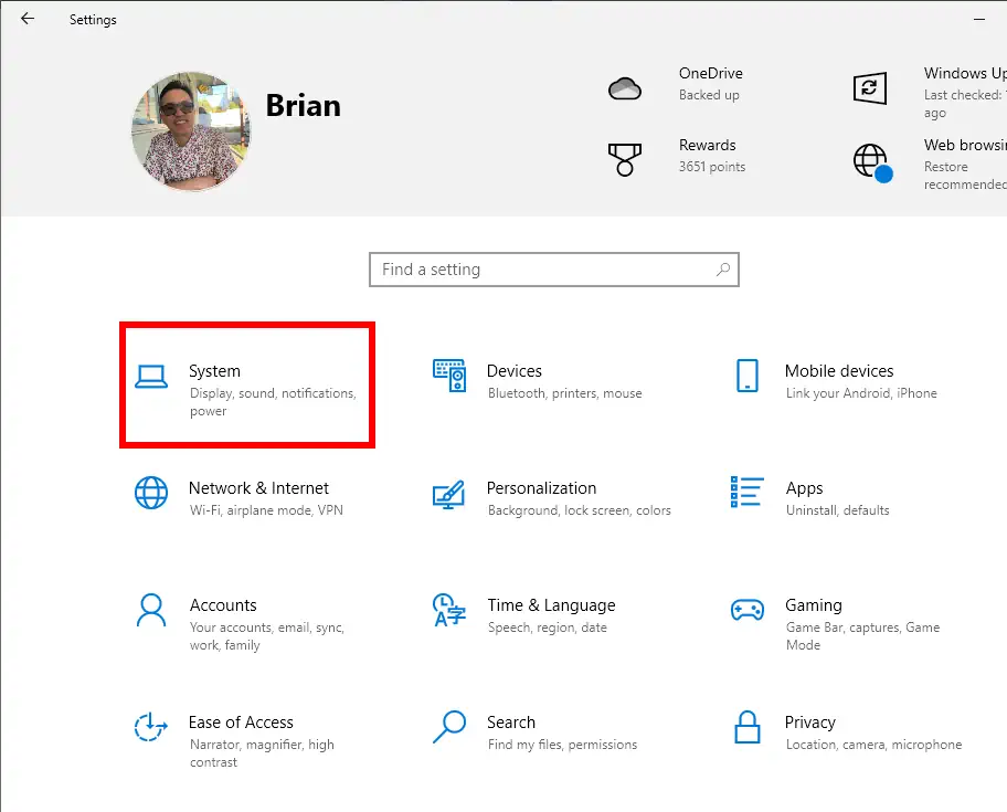 Windows 10 Settings menu showing System