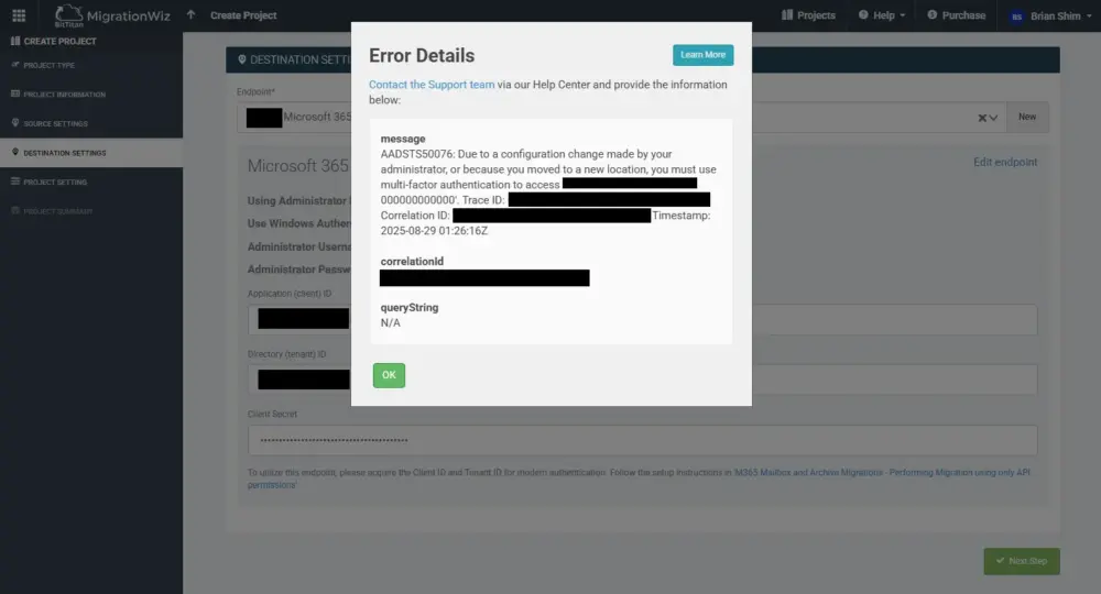 Migratoin Wiz Microsft 365 error