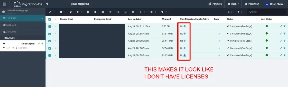 Migration Wiz table of user accounts to be migrated